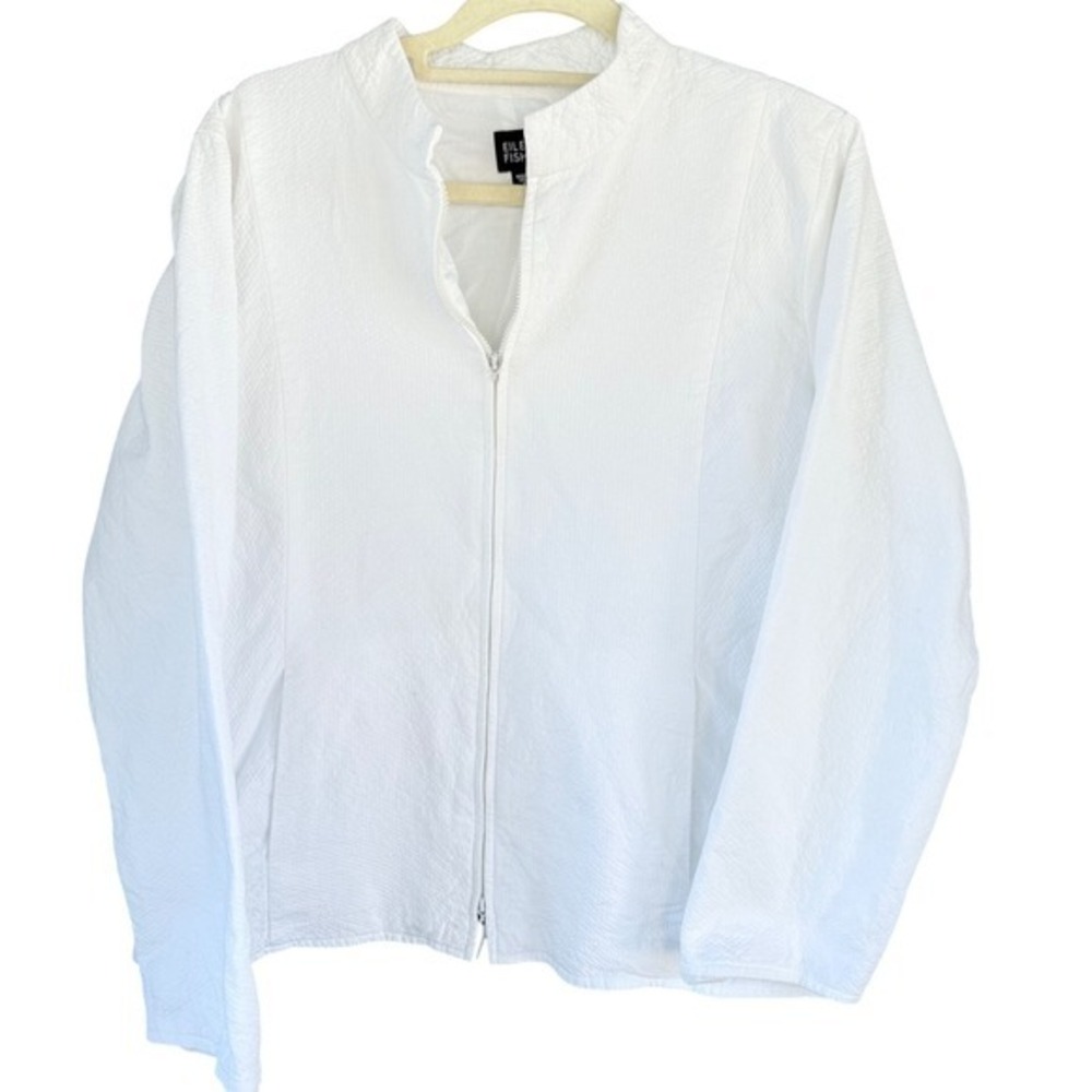 A1 Eileen Fisher Cotton Seersucker Jacket Full Zip Textured White‎ Size M